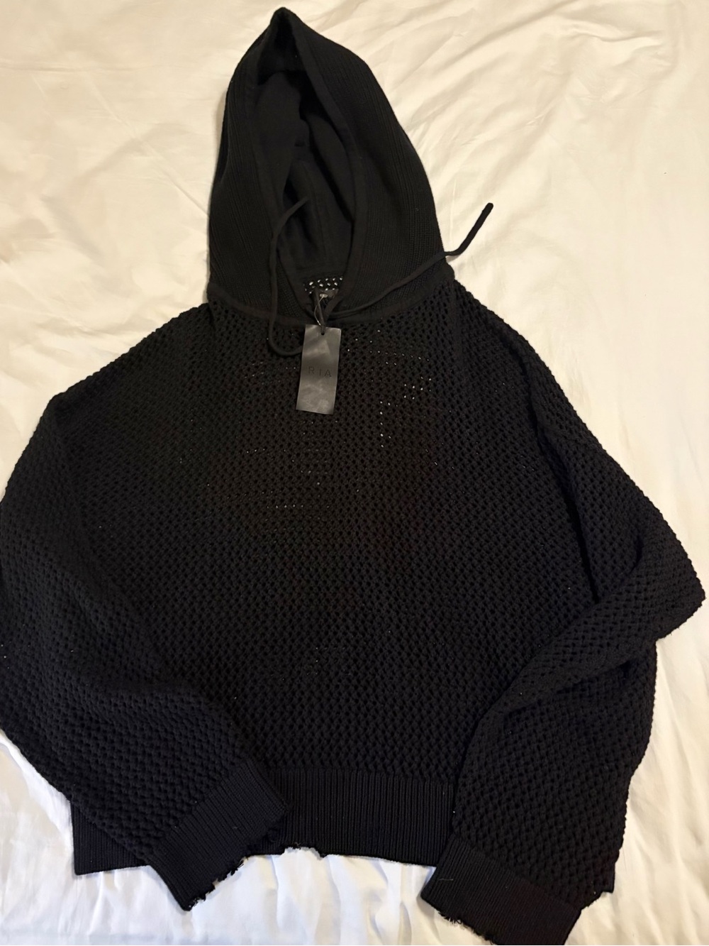 RtA Black Open-Knit Crewneck Hoodie Sweater